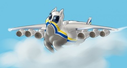 Size: 1280x685 | Tagged: safe, artist:calorie, oc, oc only, original species, plane pony, pony, antonov 225, chubby, cloud, fat, jet, looking at you, plane, solo
