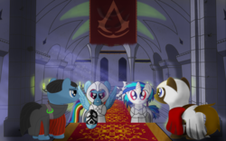 Size: 1600x1000 | Tagged: safe, artist:mew-drops, dj pon-3, rainbow dash, vinyl scratch, g4, assassin, assassin's creed, crossover, ezio auditore, niccolò machiavelli, red eyes, wrong eye color