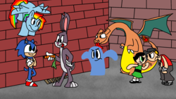 Size: 1920x1080 | Tagged: safe, artist:nicholangelo, rainbow dash, charizard, g4, 1000 hours in ms paint, bloo (foster's), brick wall, bugs bunny, buttercup (powerpuff girls), crossover, female, foster's home for imaginary friends, looney tunes, male, mare, ms paint, pokémon, quality, scout (tf2), scunt, sonic the hedgehog, sonic the hedgehog (series), team fortress 2, the powerpuff girls