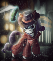 Size: 1326x1536 | Tagged: safe, artist:ruhisu, rarity, pony, unicorn, g4, rarity investigates, detective, detective rarity, female, levitation, magic, maltese falcon, noir, rain, solo, telekinesis