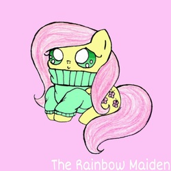 Size: 983x983 | Tagged: safe, artist:therainbowmaiden, fluttershy, g4, bottomless, clothes, cute, female, partial nudity, pink background, shyabetes, simple background, solo, sweater, sweatershy