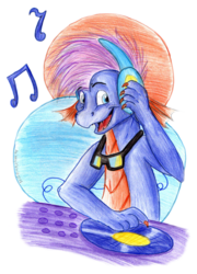 Size: 1471x2040 | Tagged: safe, artist:animagicworld, master kenbroath gilspotten heathspike, dragon, g3, my little pony live: the world's biggest tea party, disc jockey, disco, g3 spikabetes, headphones, male, simple background, solo, sunglasses, traditional art, transparent background