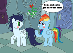 Size: 1024x745 | Tagged: safe, artist:equestriaguy637, rainbow dash, soarin', pony, g4, backwards cutie mark, female, male, mistletoe, ship:soarindash, shipping, straight