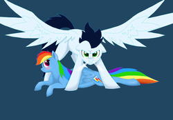 Size: 700x488 | Tagged: dead source, safe, artist:colourstrike, rainbow dash, soarin', pegasus, pony, g4, backwards cutie mark, female, male, preggo dash, pregnant, protecting, ship:soarindash, shipping, straight