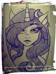 Size: 720x960 | Tagged: safe, artist:lovedraw19, princess luna, human, g4, female, horn, horned humanization, humanized, monochrome, solo, traditional art