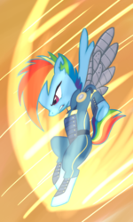 Size: 900x1500 | Tagged: safe, artist:vistamage, rainbow dash, g4, the cutie re-mark, action pose, alternate timeline, amputee, apocalypse dash, augmented, crystal war timeline, female, prosthetic limb, prosthetic wing, prosthetics, solo, torn ear