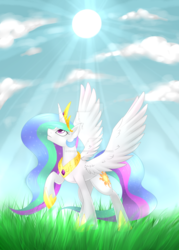 Size: 1024x1434 | Tagged: safe, artist:scarlet-spectrum, princess celestia, g4, crepuscular rays, female, looking up, slender, solo, spread wings, sun, thin, watermark