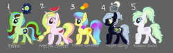 Size: 1972x610 | Tagged: safe, artist:xebck, oc, oc only, oc:citrus gardens, oc:melon sweet, oc:night glory, oc:ribbon swirl, oc:terra, earth pony, pony, unicorn