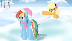 Size: 3264x1836 | Tagged: safe, artist:alexander56910, applejack, rainbow dash, g4, clothes, fluffy, hat, scarf, snow, snowball