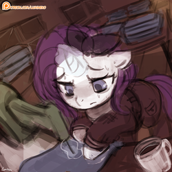 Size: 750x750 | Tagged: safe, artist:lumineko, rarity, pony, unicorn, g4, the cutie re-mark, 30 minute art challenge, alternate timeline, bow, clothes, coffee, crystal war timeline, female, food, glowing horn, hair bow, horn, magic, mare, mug, overalls, patreon, patreon logo, rarity the riveter, sad, sewing, sewing machine, solo, sweat