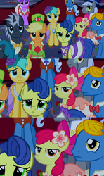 Size: 720x1215 | Tagged: safe, screencap, apple bloom, applejack, caesar, count caesar, dark moon, graphite, masquerade, north star, perfect pace, perry pierce, pokey pierce, sunshower raindrops, earth pony, pony, unicorn, g4, make new friends but keep discord, apple bloom is not amused, clothes, cropped, crowd, dress, female, filly, foal, group, male, mare, stallion, tenso, unamused