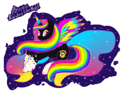 Size: 2000x1500 | Tagged: safe, artist:xebck, oc, oc only, oc:princess rainbow color night, alicorn, pony, alicorn oc, colored wings, gradient horn, gradient wings, horn, joke oc, multicolored hair, multicolored wings, rainbow hair, rainbow tail, rainbow wings, simple background, solo, sparkly mane, sparkly tail, transparent background, wings