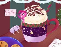 Size: 1018x785 | Tagged: safe, artist:faint-dream, opalescence, pinkie pie, pony, g4, chocolate, christmas, cookie, cup of pony, female, food, hot chocolate, micro, solo