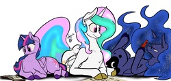 Size: 3178x1514 | Tagged: dead source, safe, artist:greyscaleart, princess celestia, princess luna, twilight sparkle, alicorn, pony, gamer luna, g4, book, cute, cutelestia, female, game boy color, group, lunabetes, mare, princess, twiabetes, twilight sparkle (alicorn)