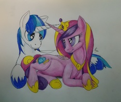 Size: 3766x3168 | Tagged: safe, artist:scribblepwn3, princess cadance, shining armor, alicorn, pony, unicorn, g4, female, high res, male, pen drawing, pregnant, ship:shiningcadance, shipping, straight, traditional art, watercolor painting