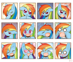Size: 1785x1500 | Tagged: safe, artist:howxu, rainbow dash, pony, g4, :3, :d, :o, angry, blood, blushing, bored, crying, cute, dashabetes, embarrassed, expressions, eyes closed, eyes on the prize, female, floppy ears, frown, glare, grin, happy, heart eyes, looking at you, mare, nosebleed, ocular gushers, open mouth, sad, screaming, shocked, sleeping, smiling, solo, wide eyes, wingding eyes, yelling, zzz