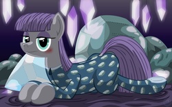 Size: 3200x2000 | Tagged: safe, artist:template93, maud pie, earth pony, pony, g4, blanket, blushing, clothes, cute, diamond, female, footed sleeper, glowing, high res, mare, onesie, pajamas, patreon, plushie, rock, solo