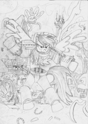 Size: 2480x3496 | Tagged: safe, artist:neodabig, rainbow dash, parasprite, pony, g4, armor, bipedal, bolter, canterlot, crossover, high res, monochrome, ponyville, power fist, powered exoskeleton, traditional art, tyranids, warhammer (game), warhammer 40k