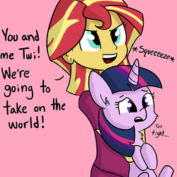 Size: 916x916 | Tagged: safe, artist:tjpones, sunset shimmer, twilight sparkle, pony, equestria girls, g4, cute, dialogue, duo, fluffy, frown, holding a pony, hug, open mouth, smirk, tjpones is trying to murder us, uncomfortable