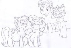 Size: 3484x2358 | Tagged: safe, artist:seenty, double diamond, night glider, party favor, sugar belle, g4, equal four, female, happy, high res, male, pencil drawing, pregnant, ship:nightdiamond, ship:partybelle, shipping, shocked, straight, traditional art