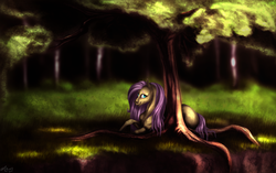 Size: 1600x1004 | Tagged: safe, artist:mylittleasspit, fluttershy, g4, dark, female, forest, prone, solo, tree