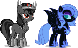 Size: 5000x3127 | Tagged: safe, artist:ladysugarsapphire, king sombra, nightmare moon, alicorn, pony, g4, alternate hairstyle, blank flank, earth pony sombra, earth pony umbra, eyeshadow, female, makeup, male, missing accessory, missing cutie mark, missing horn, pegasus nightmare moon, queen umbra, rule 63, shipping, simple background, sombramoon, straight, transparent background, umbramoon