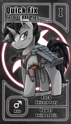 Size: 800x1399 | Tagged: safe, artist:vavacung, oc, oc only, oc:quick fix (archerrush), cyborg, pony, unicorn, artificial wings, augmented, jet wings, male, mechanical wing, pactio card, stallion, technology, wings