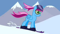 Size: 11200x6400 | Tagged: safe, artist:parclytaxel, oc, oc only, oc:parcly taxel, alicorn, pony, .svg available, absurd resolution, alicorn oc, beanie, goggles, hat, mountain, mountain range, parcly in south korea, pyeongchang, skiing, skis, smiling, snow, solo, south korea, vector