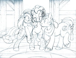 Size: 1053x804 | Tagged: safe, artist:brianblackberry, big macintosh, marble pie, pinkie pie, pony, g4, backbend, bipedal, bottomless, clothes, female, hug, male, monochrome, open mouth, partial nudity, raised hoof, ship:marblemac, shipper on deck, shipping, sketch, socks, straight, wide eyes, wip