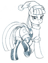 Size: 550x717 | Tagged: safe, artist:brianblackberry, maud pie, earth pony, pony, g4, bedroom eyes, bottomless, butt, clothes, featureless crotch, female, frown, hat, latex, looking at you, looking back, monochrome, partial nudity, plot, raised hoof, santa costume, santa hat, sketch, socks, solo, thigh highs, underhoof, wip