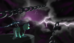 Size: 3570x2096 | Tagged: safe, artist:assarak, lyra heartstrings, pony, fanfic:background pony, g4, chains, clothes, dig the swell hoodie, fanfic art, female, high res, hoodie, lightning, solo, unsung realm