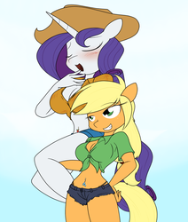 Size: 866x1021 | Tagged: safe, artist:sandwich-anomaly, applejack, rarity, anthro, g4, accessory swap, belly button, belly piercing, bellyring, blushing, breasts, busty applejack, busty rarity, carrying, cleavage, clothes, daisy dukes, female, front knot midriff, grin, lesbian, midriff, panties, piercing, ship:rarijack, shipping, shorts, simple background, thong, underwear