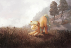 Size: 5000x3400 | Tagged: safe, artist:tiger-type, applejack, g4, absurd resolution, eyes closed, female, horses doing horse things, missing cutie mark, scenery, smiling, solo, stretching, traditional art