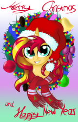 Size: 1150x1800 | Tagged: safe, artist:sunsetcrady, sunset shimmer, pony, unicorn, g4, christmas, clothes, grin, happy new year, hat, santa hat, scarf, wreath