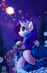 Size: 600x927 | Tagged: safe, artist:momo-deary, rarity, firefly (insect), pony, g4, balcony, beautiful, clothes, cute, dress, eye reflection, female, flower, flower in hair, full moon, hoof shoes, moon, night, profile, raribetes, solo, stars, valley