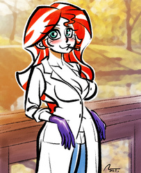 Size: 650x800 | Tagged: safe, artist:mojot, sunset shimmer, equestria girls, g4, breasts, busty sunset shimmer, cleavage, clothes, daily sunset, female, lab coat, solo