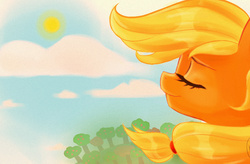 Size: 915x600 | Tagged: safe, artist:ponyix, applejack, g4, eyes closed, female, portrait, sky, solo, sun