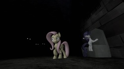 Size: 1366x768 | Tagged: safe, artist:johnsilents, fluttershy, rarity, castle mane-ia, g4, 3d, castle of the royal pony sisters, creepy eyes, gmod, scared, scene interpretation