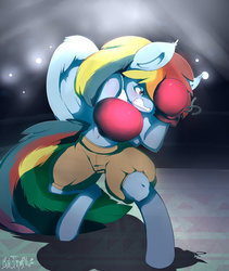 Size: 800x949 | Tagged: safe, artist:failprofile, rainbow dash, anthro, unguligrade anthro, g4, boxing, boxing gloves, boxing ring, clothes, female, gritted teeth, shorts, solo, tank top