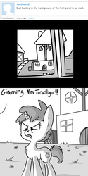 Size: 806x1612 | Tagged: safe, artist:tjpones, oc, oc only, oc:mrs. turwilligur, pony, unicorn, derpibooru, horse wife, angry, building, comments, faic, female, grayscale, house, mare, meta, monochrome, offscreen character, simple background, solo, white background