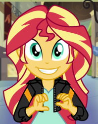 Size: 855x1080 | Tagged: safe, edit, edited screencap, screencap, sunset shimmer, equestria girls, g4, my little pony equestria girls: friendship games, :d, canterlot high, creepy, cropped, cute, duo, looking at you, shimmerbetes, smiling, sunedge shimmer