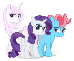 Size: 1020x840 | Tagged: safe, artist:dm29, cup cake, fleur-de-lis, rarity, g4, butt, commission, height difference, looking back, missing accessory, plot, simple background, transparent background, trio