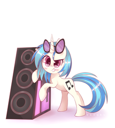 Size: 900x1000 | Tagged: safe, artist:riouku, dj pon-3, vinyl scratch, pony, unicorn, g4, bipedal leaning, blushing, cute, drop the bass, female, grin, mare, solo, speaker, sunglasses, vinylbetes