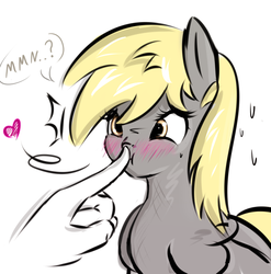 Size: 650x658 | Tagged: safe, artist:pilla, derpy hooves, human, pegasus, pony, g4, :t, blushing, boop, cute, derpabetes, duo, fluffy, hand, heart, surprised, sweat, underp, wide eyes