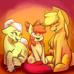 Size: 1600x1600 | Tagged: safe, artist:myralilth, apple bloom, applejack, granny smith, crusaders of the lost mark, g4, cute, cutie mark, eyes closed, floppy ears, open mouth, prone, sitting, smiling, the cmc's cutie marks