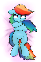 Size: 1000x1501 | Tagged: safe, artist:heir-of-rick, rainbow dash, pony, g4, bed, body pillow, body pillow design, female, grumpy, looking at you, mare, solo, wingless