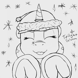 Size: 1000x1000 | Tagged: safe, artist:chapaevv, twilight velvet, g4, black and white, christmas, eyes closed, female, grayscale, hat, monochrome, snow, snowflake, solo, underhoof, winter