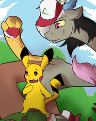 Size: 950x1200 | Tagged: safe, artist:conmanwolf, discord, oc, pikachu, g4, crossover, eris, poké ball, pokémon, rule 63, species swap, transformation