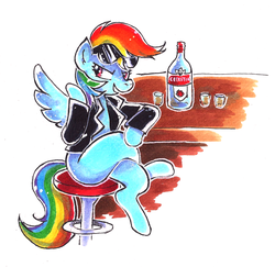 Size: 1561x1519 | Tagged: safe, artist:krwawnik, rainbow dash, g4, alcohol, bar, bottle, clothes, crossed legs, female, food, jacket, leather, leather jacket, markers, shot glass, sitting, solo, stool, sunglasses, traditional art, vodka
