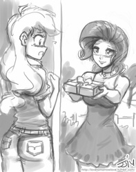 Size: 709x900 | Tagged: safe, artist:johnjoseco, applejack, rarity, human, g4, female, friendshipping, grayscale, humanized, lesbian, monochrome, open mouth, present, ship:rarijack, shipping, sketch, wide eyes